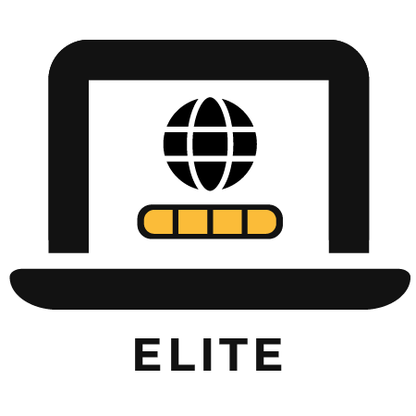Globe icon inside laptop icon representing elite website