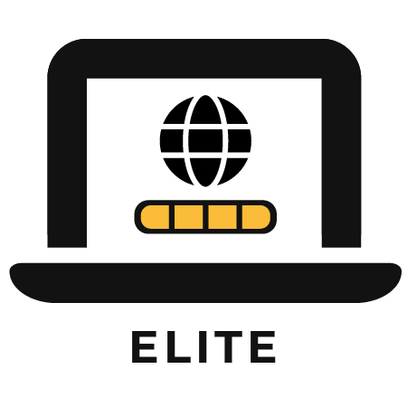 Globe icon inside laptop icon representing elite website